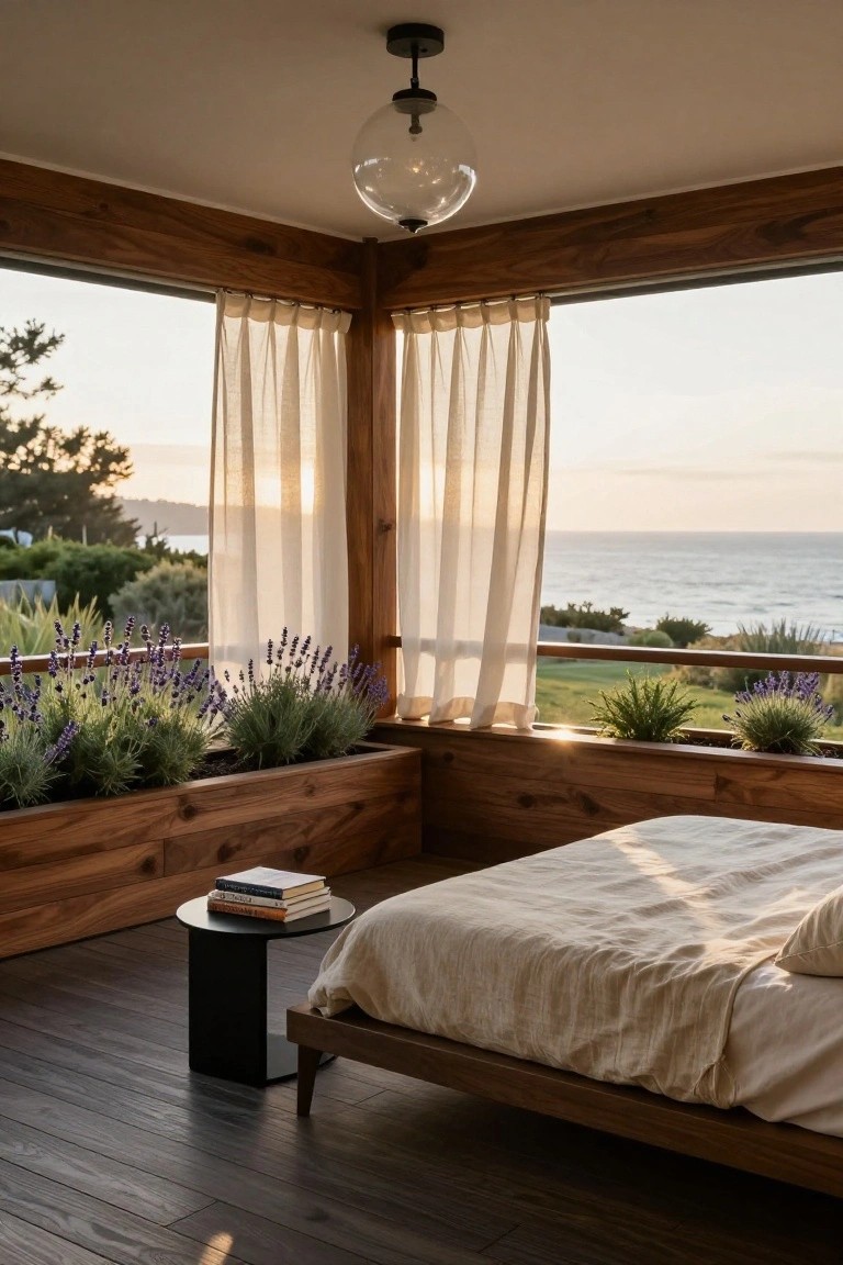 Wooden-framed sun porch bedroom with built-in rectangular planters filled with lavender and grasses along large windows, sheer curtains partially drawn, platform bed with books on side table, ocean view outside.