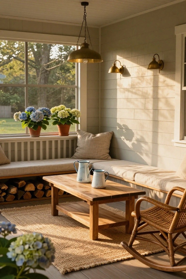 Sun porch interior featuring a beige cushioned bench along windows with potted blue and white hydrangeas on the sill, low wooden coffee table holding enameled pitchers and stacked firewood, wicker rocking chair, jute rug, brass pendant light and wall sconces, shiplap walls, and view of green yard outside.