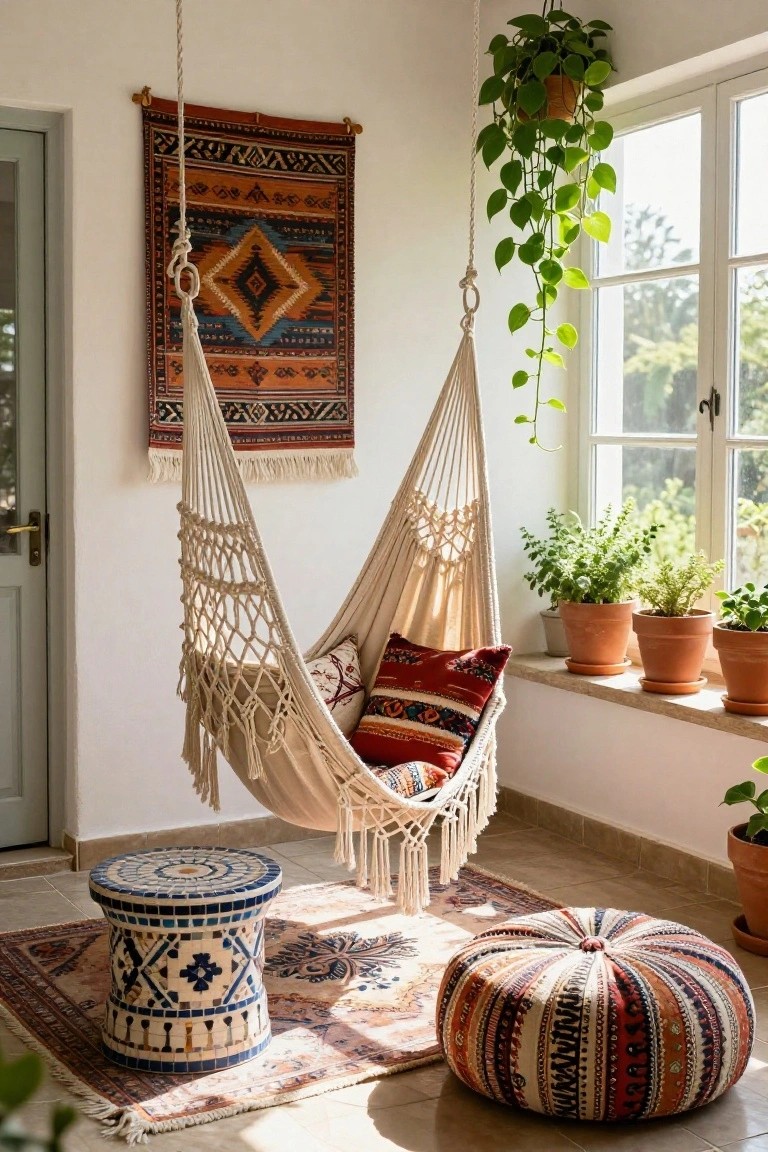 White macrame hammock chair with beige cushions and red patterned pillows suspended in a sunlit room featuring plants on windowsills, a woven wall hanging, a mosaic stool, and a colorful floor pouf on a rug.