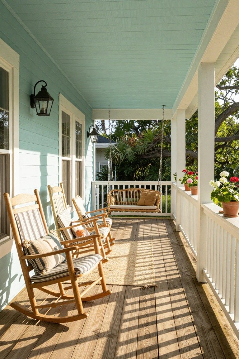A wraparound porch with light blue ceiling, white columns and railings, wooden rocking chairs with cushions, a rattan swing, hanging lanterns, and potted flowers along the railing, with sunlight casting shadows on the wood deck.
