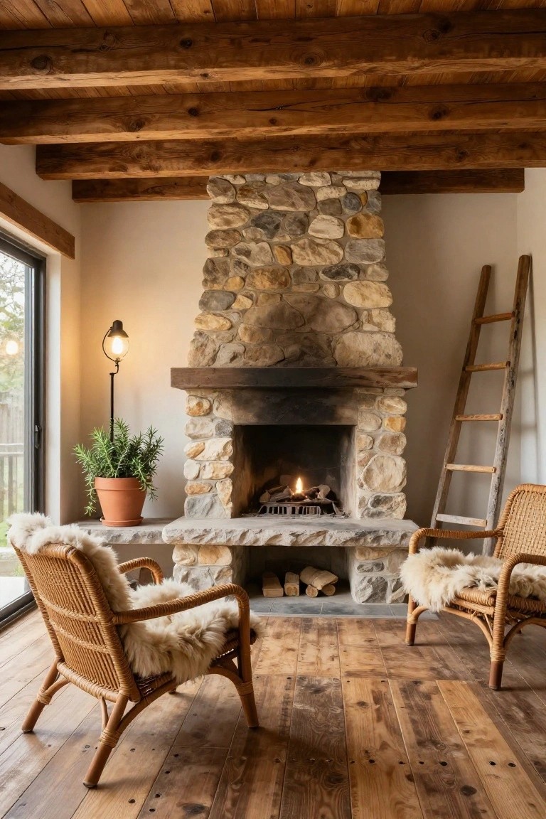 Sun porch interior with tall irregular stone fireplace, wooden beamed ceiling, rattan chairs with sheepskin throws, potted plant on hearth edge, leaning wooden ladder, and large windows showing trees outside.