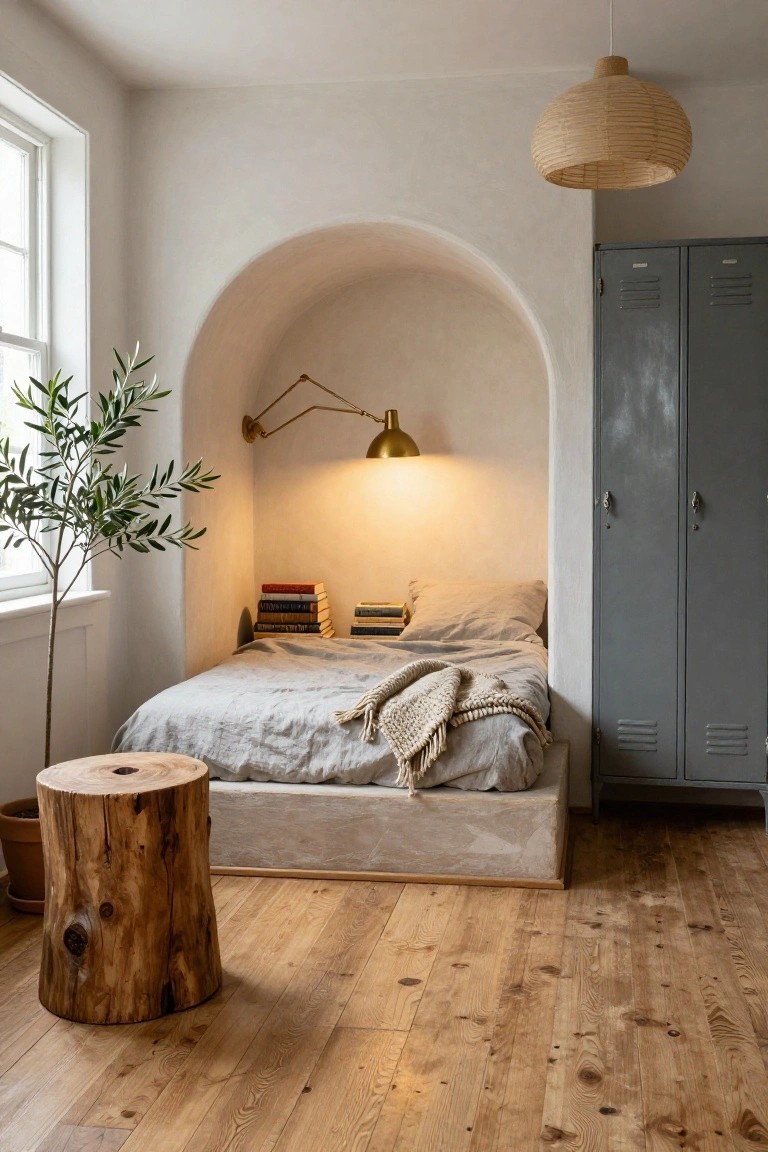 Bedroom with a low bed set into a curved white plaster alcove, lit by a brass wall lamp, olive tree plant by window, wood stump stool, gray metal locker cabinet, and rattan pendant light overhead on oak floors.