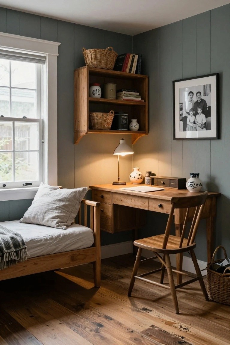 Corner of a bedroom with light gray shiplap walls, wooden wall-mounted shelves holding woven baskets and ceramic jars, wooden desk with drawers below, simple wooden bed frame with white linens and plaid blanket, wooden chair, and a table lamp.