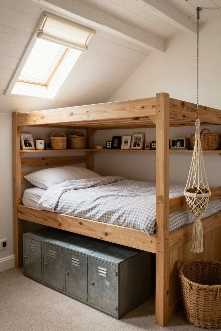 Attic bedroom with elevated wooden bunk bed featuring built-in shelves stocked with baskets and frames, gray checkered bedding, macrame plant hanger, and gray metal lockers underneath on carpeted floor.