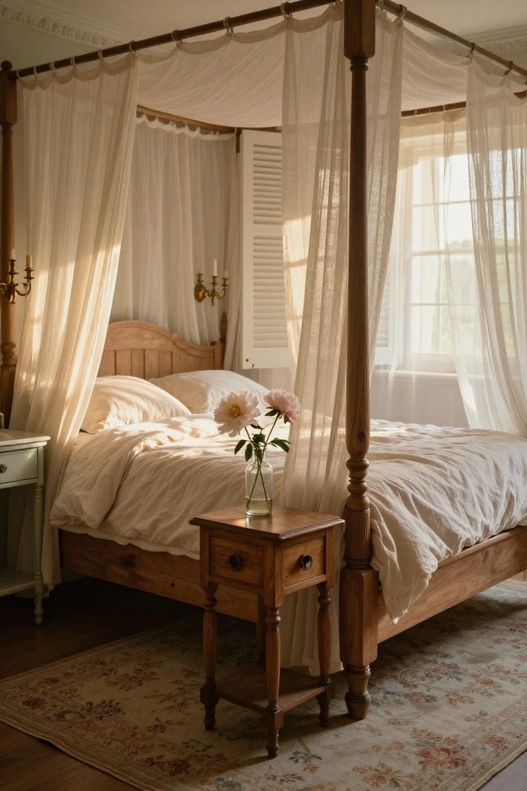 Sunlit bedroom interior with a light wooden four-poster bed draped in white sheer curtains, pink flowers in a glass vase on a wooden bedside table, white linens on the bed, and shuttered windows letting in soft light.