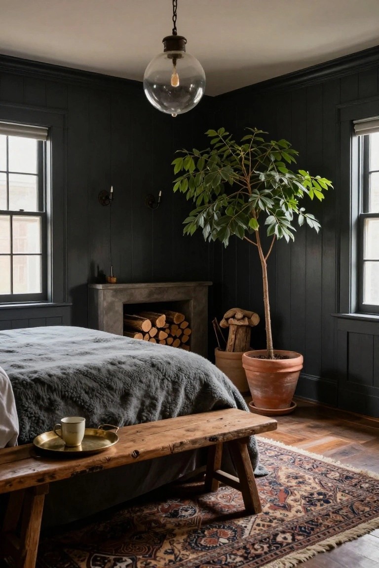 Bedroom corner with dark paneled walls, gray fluffy bed, wooden bench holding a tray with mug, tall potted tree next to stone fireplace stacked with firewood, Persian rug on wood floors.