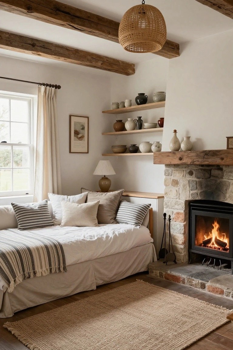 Farmhouse bedroom interior with exposed dark wooden ceiling beams, white walls, floating wooden shelves holding pottery above a stone fireplace, white daybed piled with neutral pillows and striped throw, seagrass rug, and window with cream curtains.