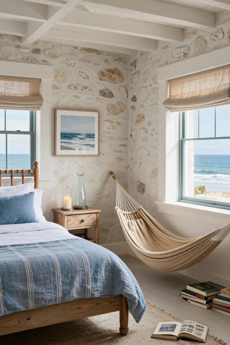 Farmhouse bedroom with wooden bed draped in blue linens, beige hammock hanging from ceiling beams nearby, wooden nightstand holding glass vase and lit candle, textured stone walls, large windows showing ocean view, and stacked books on floor.