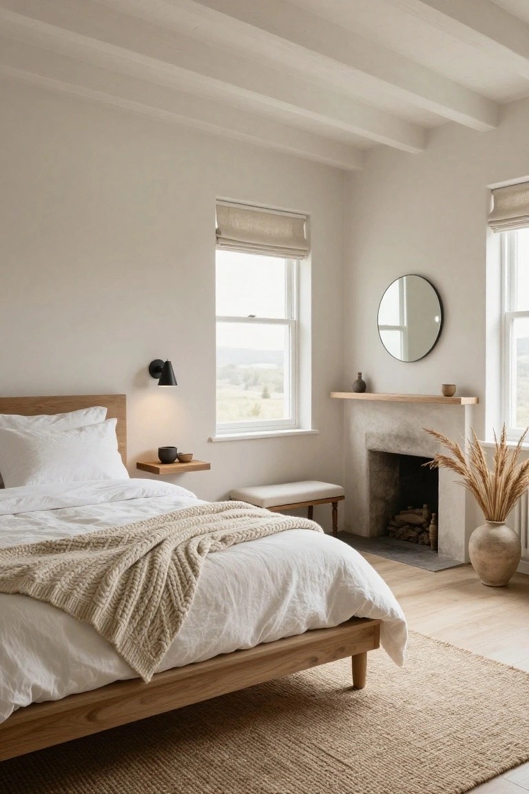 Beige farmhouse bedroom interior with wooden platform bed dressed in white linens and cream throw, plaster fireplace mantel holding pampas grass in vase and stacked logs, cushioned bench, exposed ceiling beams, seagrass rug, and large windows with blinds overlooking landscape.