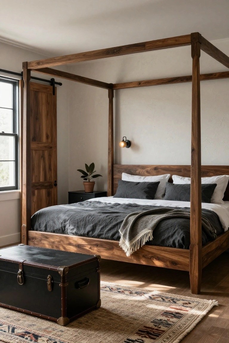 Bedroom with dark wood four-poster bed, gray linens and pillows, wall sconce, potted plant on nightstand, black trunk at bed foot, and patterned rug on wood floor.