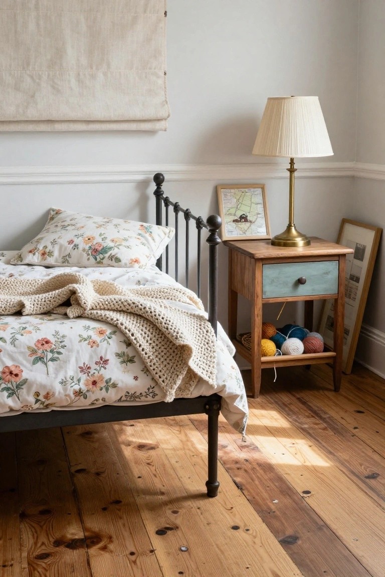 Bedroom with black iron bed frame, floral duvet and pillows, beige knit throw, wooden nightstand with lamp, yarn balls, and picture frames, on hardwood floors.