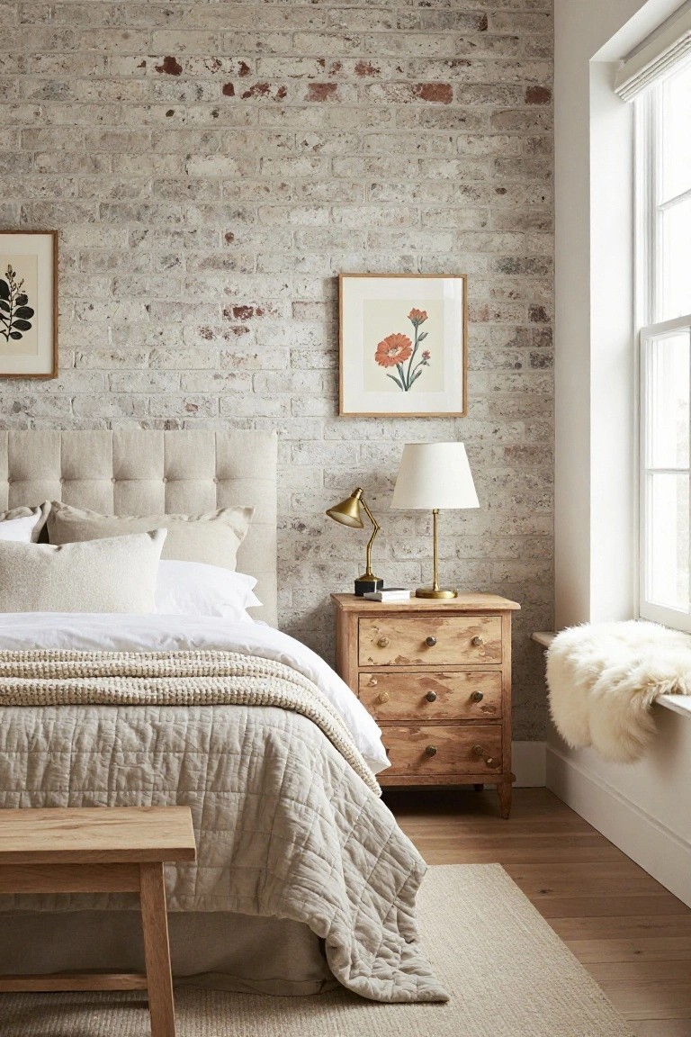 A bedroom interior with light exposed brick wall behind a beige tufted headboard and bed dressed in white sheets, beige quilt, and knit throw, beside a wooden nightstand with brass lamp and a foot bench on hardwood floors.
