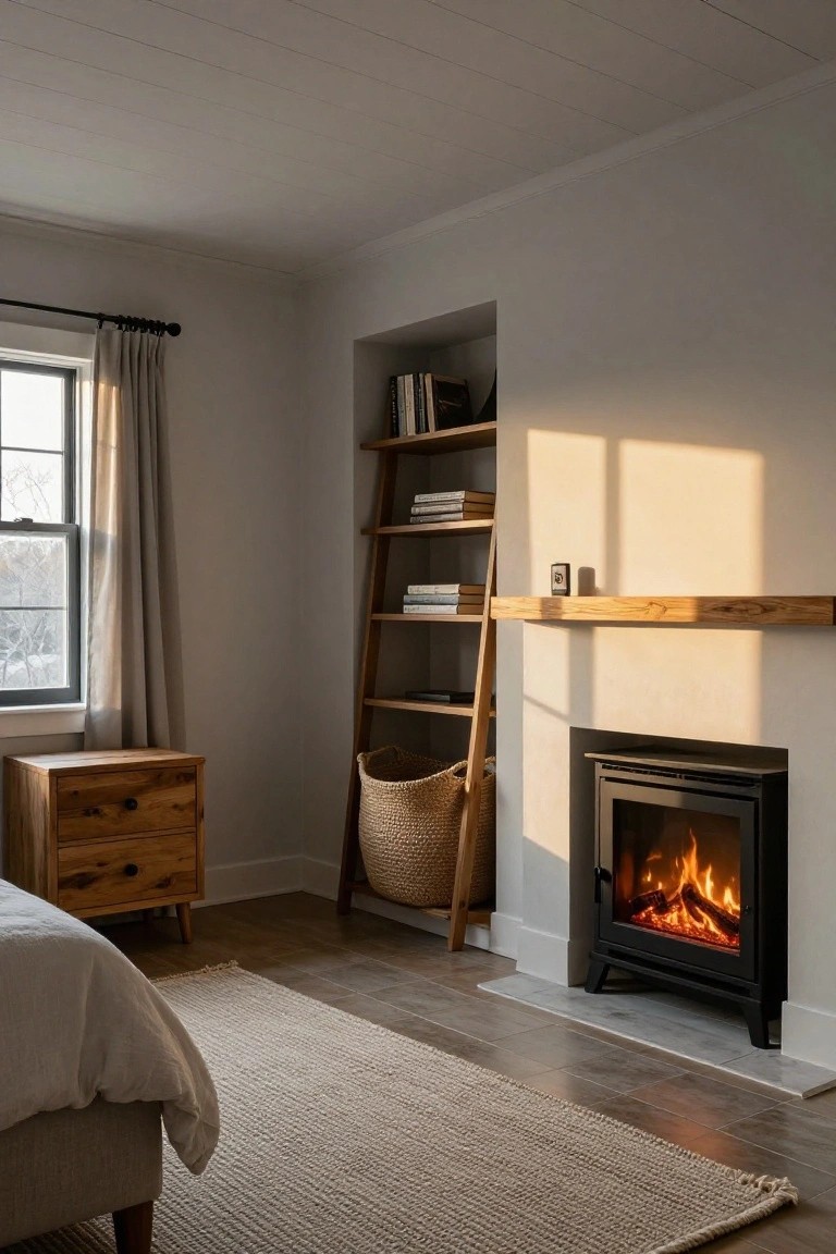 A cozy bedroom with a lit gas fireplace in the corner, wooden ladder shelf with books next to it, wooden nightstand beside a bed with white linens, neutral walls, and soft window light.