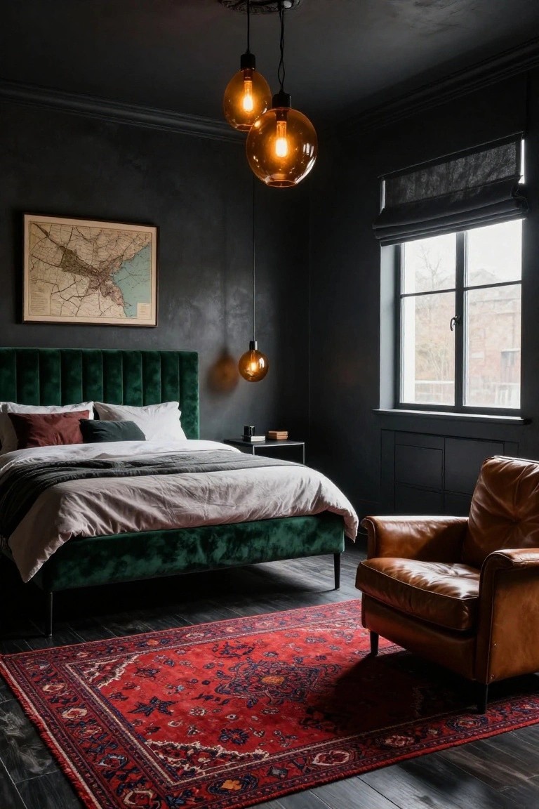 Dark-walled bedroom with emerald green velvet tufted headboard bed, white and neutral bedding, red patterned rug, brown leather armchair, side table, map artwork, and amber globe pendant lights.