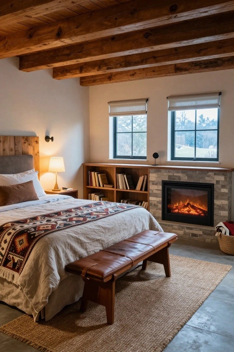 Bedroom interior featuring exposed wooden ceiling beams, a queen bed with gray linens and colorful woven blanket, wooden headboard, bedside lamp, built-in wooden bookshelves beside a stone gas fireplace with orange flames, brown leather bench at bed foot, seagrass rug, and two windows with rolled shades overlooking snowy landscape.
