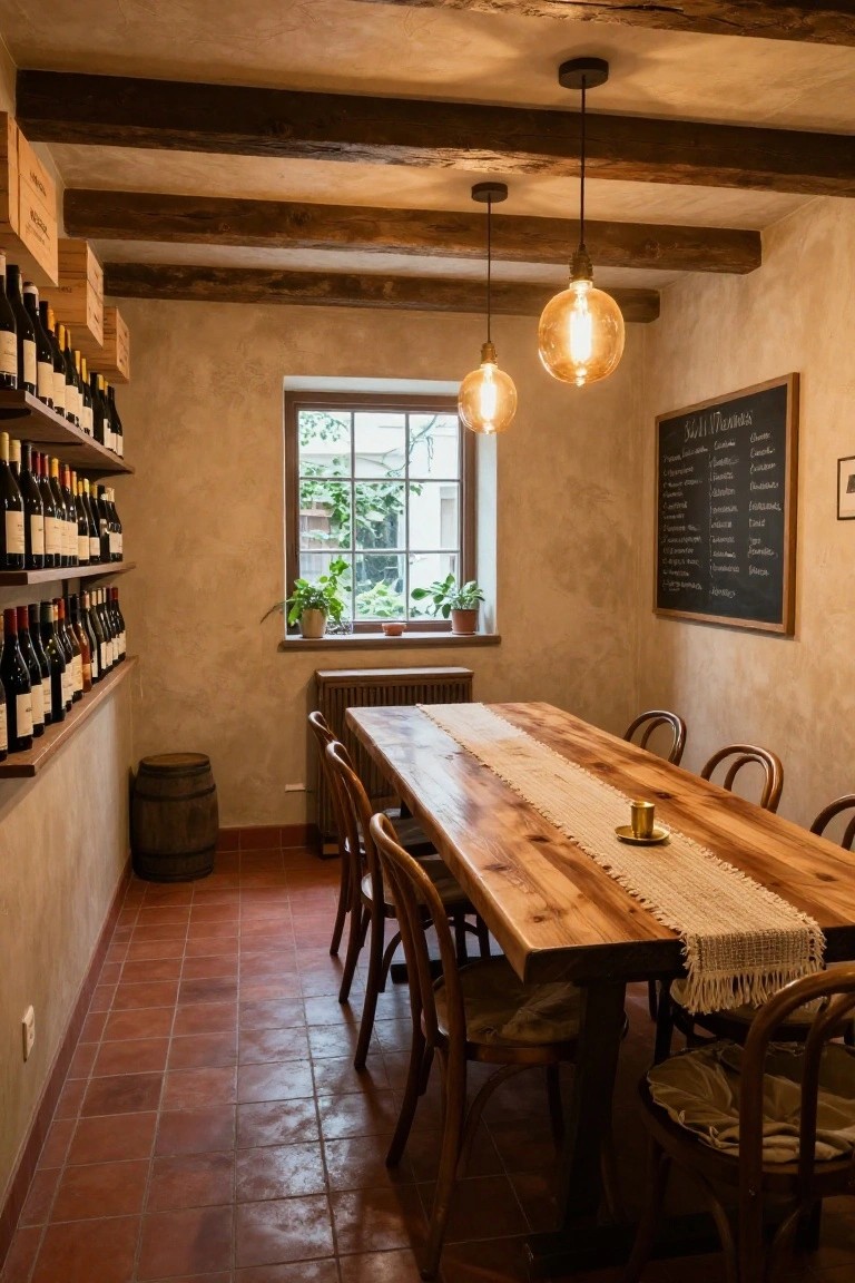 Rustic interior room with exposed wooden ceiling beams, wall-mounted wine racks holding bottles, a long wooden dining table covered in a runner with chairs, pendant globe lights, a chalkboard menu, barrel, plants by window, and terracotta tile floor.
