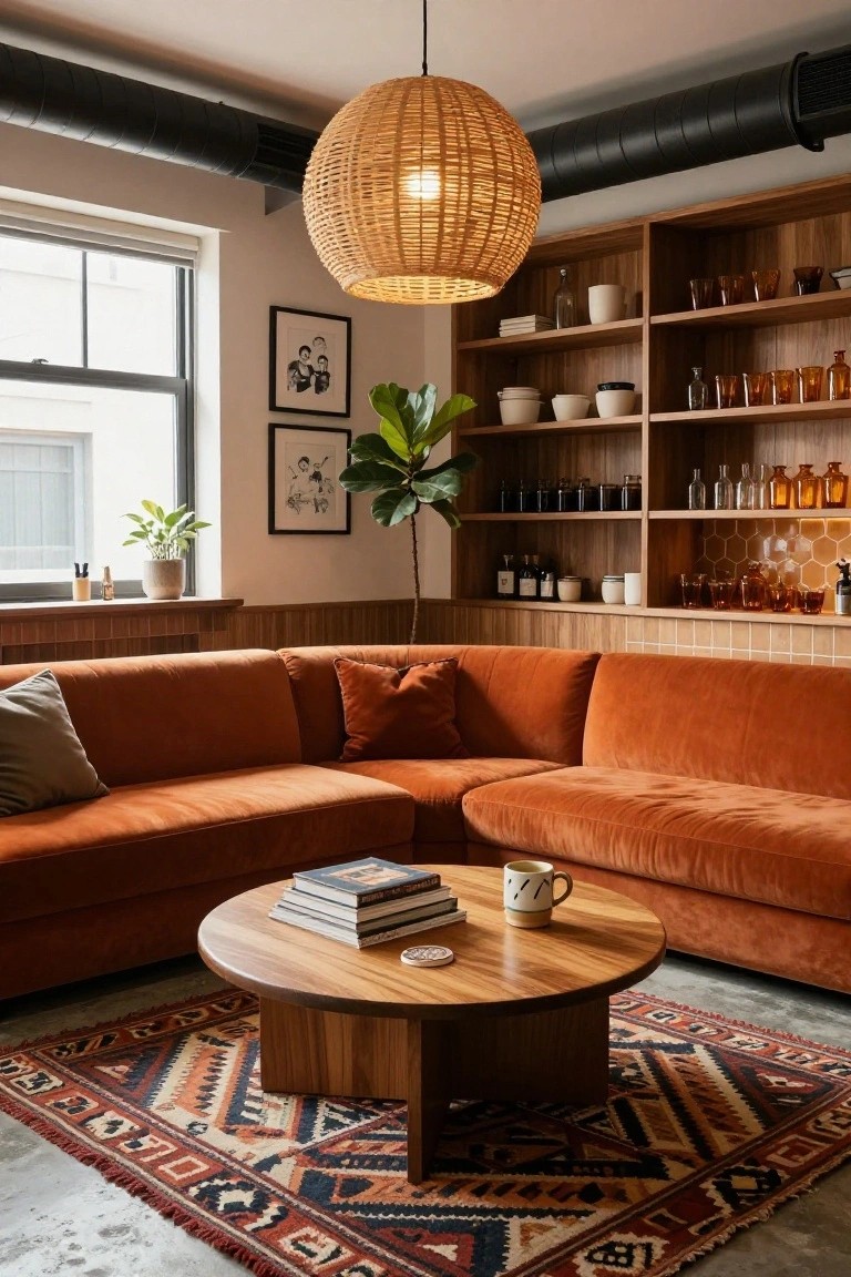 Cozy interior room with L-shaped burnt orange velvet sofa, wooden coffee table holding books and mug, rattan pendant light, wooden shelving stocked with glassware and bottles, potted plants, framed artwork, window, and patterned rug on concrete floor.