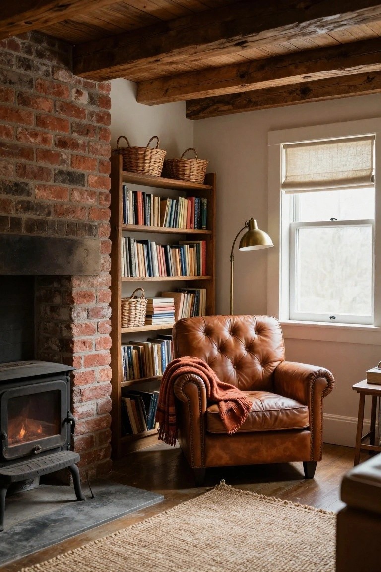 Interior room with exposed brick wall and wood stove fireplace, wooden bookshelves filled with books and wicker baskets, tan tufted leather armchair with orange throw blanket, arched gold lamp by window with linen shade, exposed wood beam ceiling, seagrass rug on wood floor.