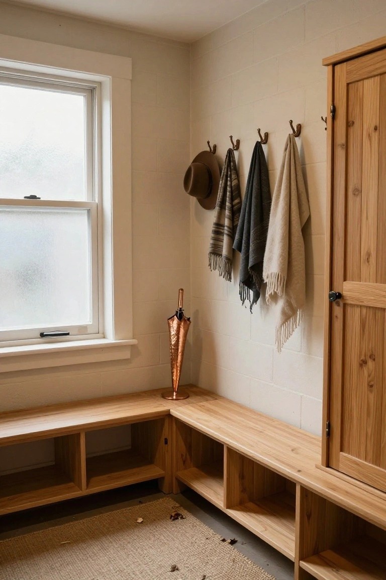 Cozy entryway with wooden bench, hats, scarves, and a decorative umbrella stand.