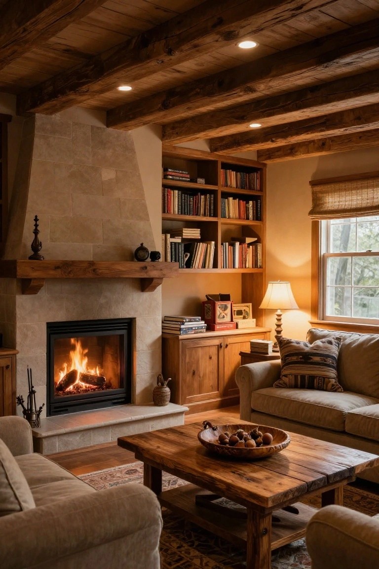 Cozy living room interior with exposed wooden ceiling beams, beige stone fireplace burning a fire, wooden bookshelves filled with books, upholstered sofas, and a wooden coffee table holding a wooden bowl of nuts.