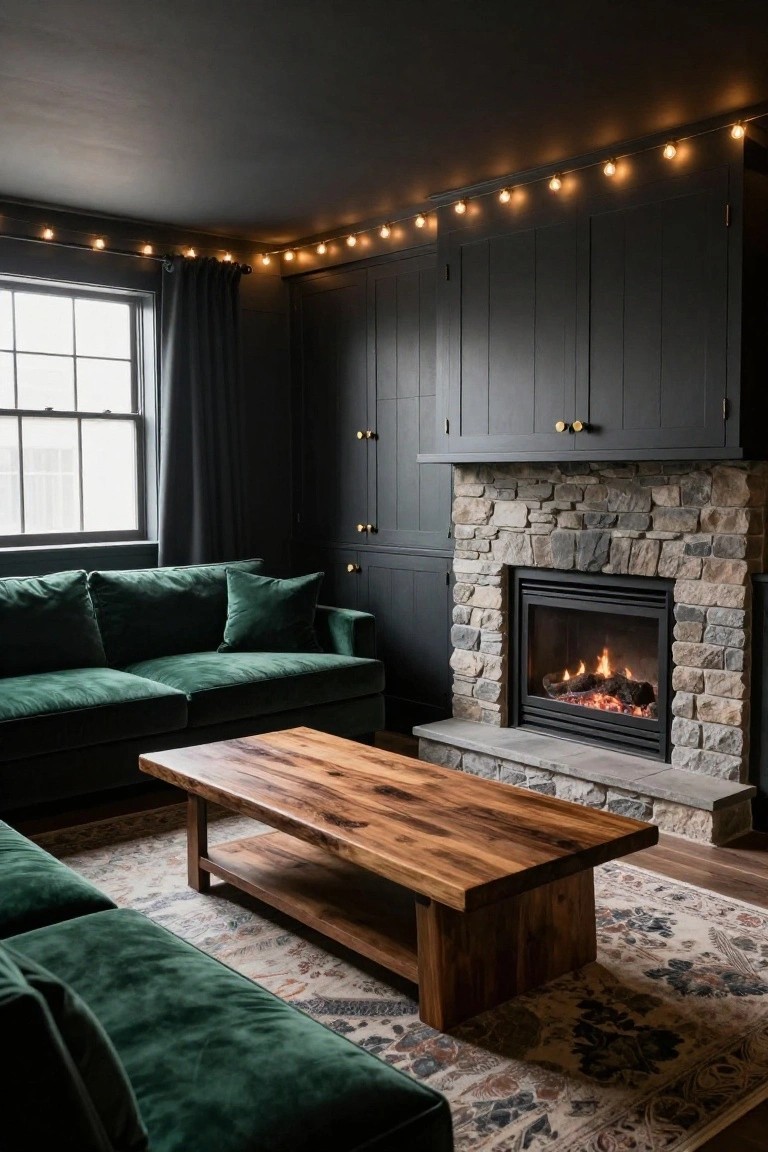 Living room with emerald green velvet L-shaped sofa, live-edge wooden coffee table, stacked stone gas fireplace, black paneled cabinets, dark walls, patterned rug, and string lights.