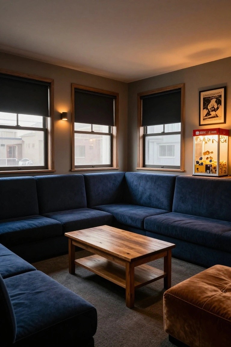 Corner lounge room featuring an L-shaped navy blue velvet sectional sofa around a wooden coffee table, a brown ottoman, windows with dark blinds, framed posters on gray walls, and a lit red claw machine.