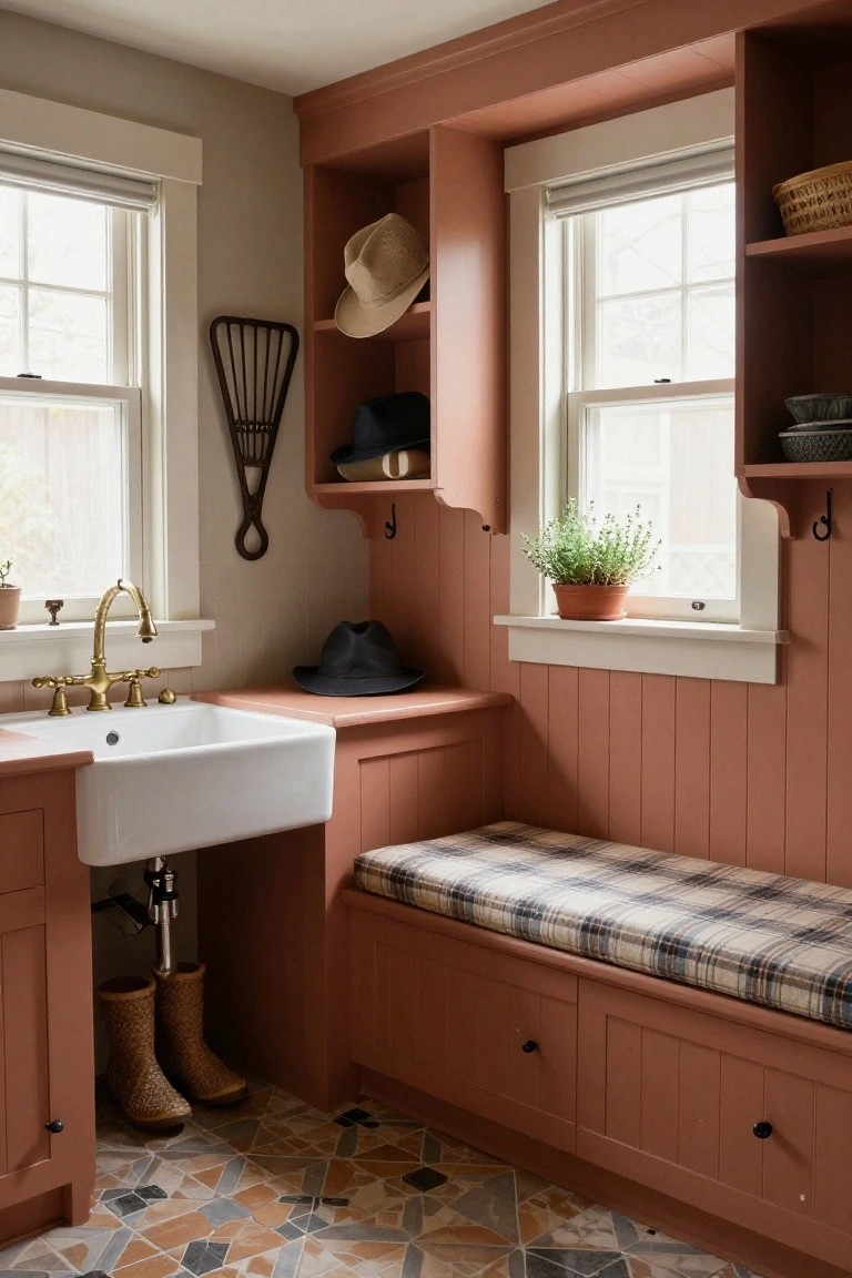Terracotta shiplap walls and built-in cabinets in a cozy interior room with a white farmhouse sink, cushioned plaid bench, shelves holding hats and baskets, rubber boots on the floor, and colorful terracotta tile flooring.