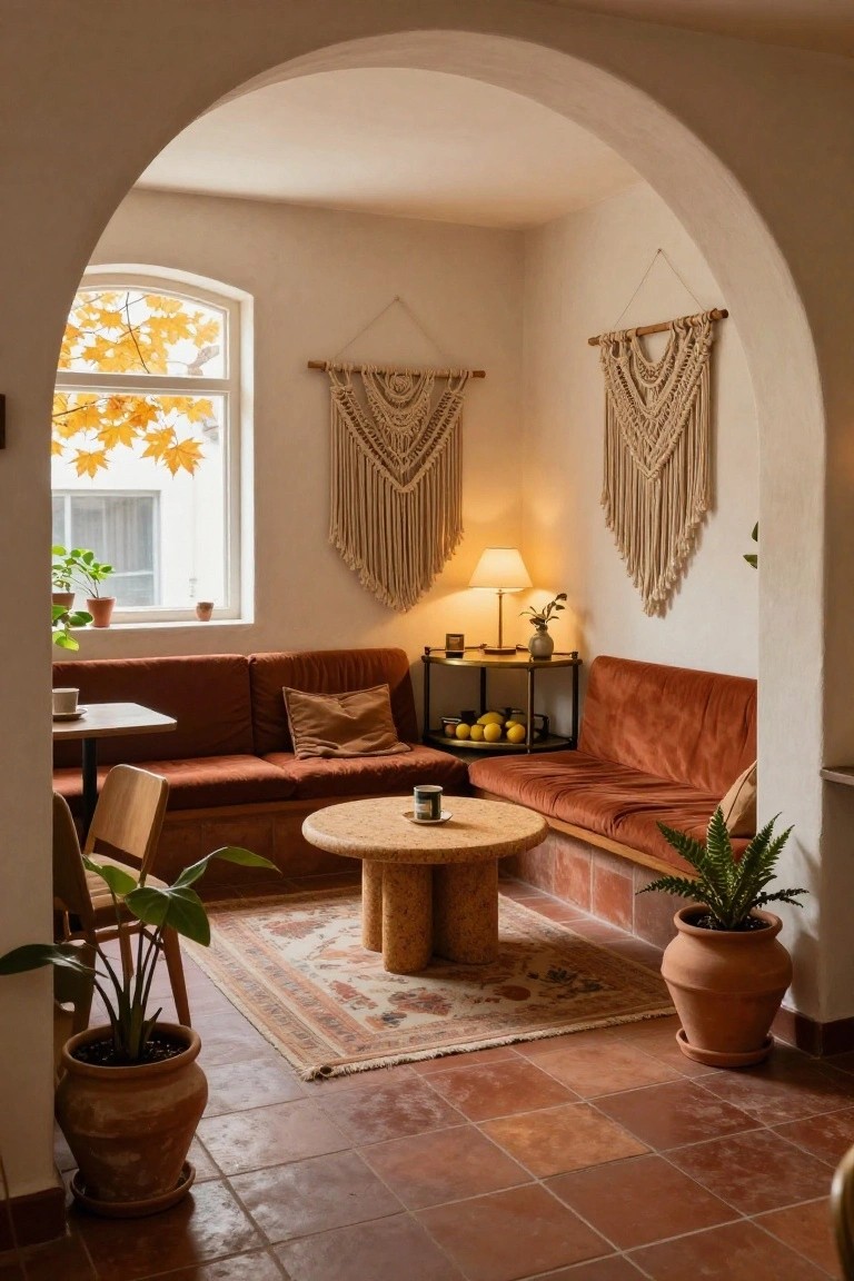 Cozy interior seating nook with rust velvet sofa, cork pedestal table, wooden chairs, terracotta tile floor, potted plants, macrame wall hangings, lamp on shelf with lemons, and arched window showing yellow fall leaves outside.