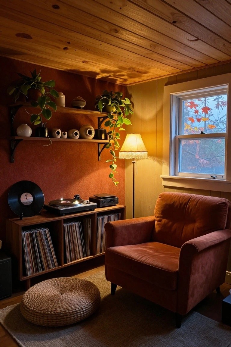 Cozy room corner featuring rust-colored textured wall, wooden ceiling and shelves with vinyl records and record player, orange fabric armchair, hanging plants, white lamp, woven pouf on rug, and window showing autumn leaves outside.