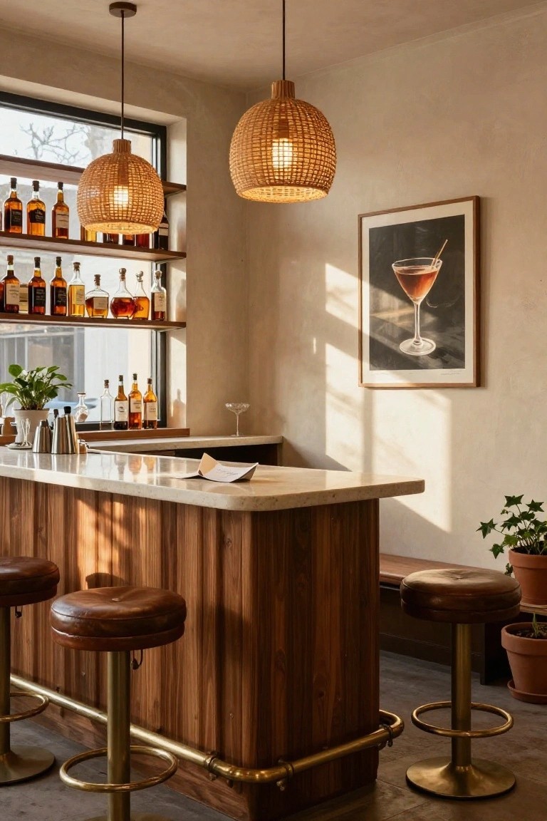Wooden bar counter with paneled sides, leather barstools on brass bases, rattan pendant lights, bottle shelves, and potted plants in a light-filled interior room.