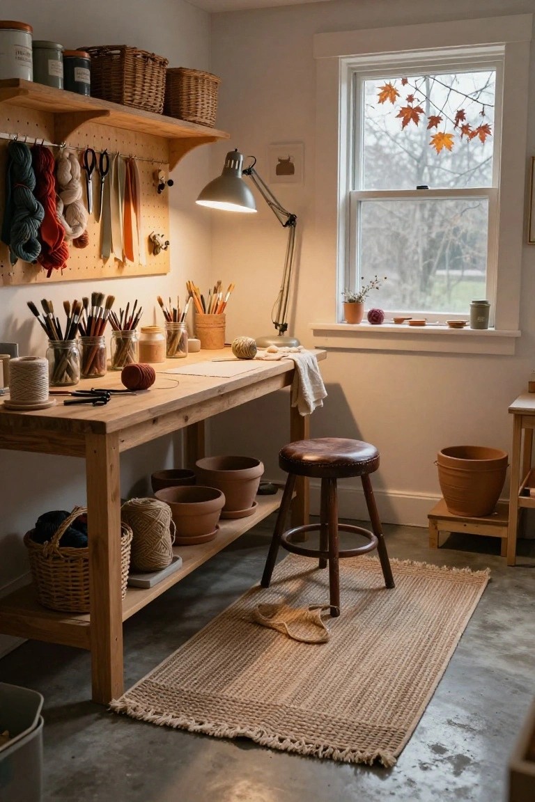 Basement craft room with wooden workbench, pegboard wall holding yarn skeins scissors and tools, shelves stocked with baskets pots and clay containers, wooden stool, and window with autumn tree branches.