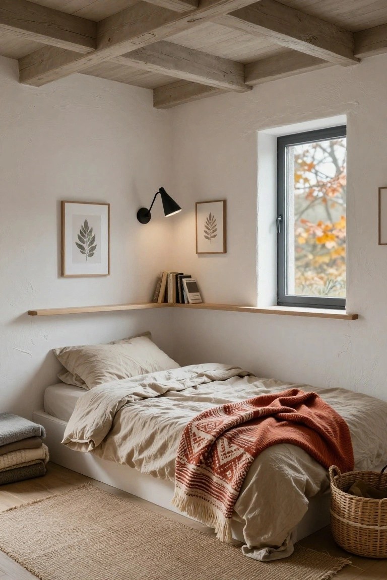 Cozy bedroom with exposed wooden ceiling beams, white textured walls, platform bed covered in beige linens and an orange woven throw, wooden floating shelves with books, black wall lamp, framed leaf prints, seagrass rug, and window showing autumn trees outside.