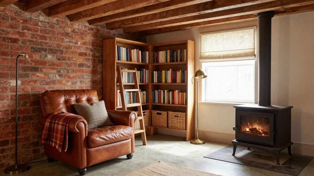 20 Cozy Basement Warm Aesthetic Ideas Perfect For Fall Interior room with exposed brick wall and wood stove fireplace, wooden bookshelves filled with books and wicker baskets, tan tufted leather armchair with orange throw blanket, arched gold lamp by window with linen shade, exposed wood beam ceiling, seagrass rug on wood floor.