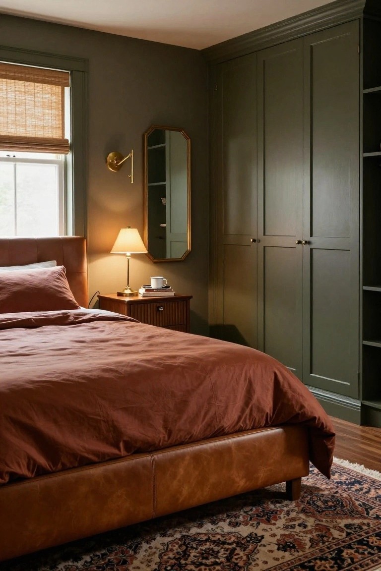 Corner of a bedroom with a brown leather-upholstered bed covered in rust linens, wooden nightstand holding a lamp and mug, tall dark green built-in wardrobes, round mirror, and window with bamboo shade over hardwood floor and patterned rug.