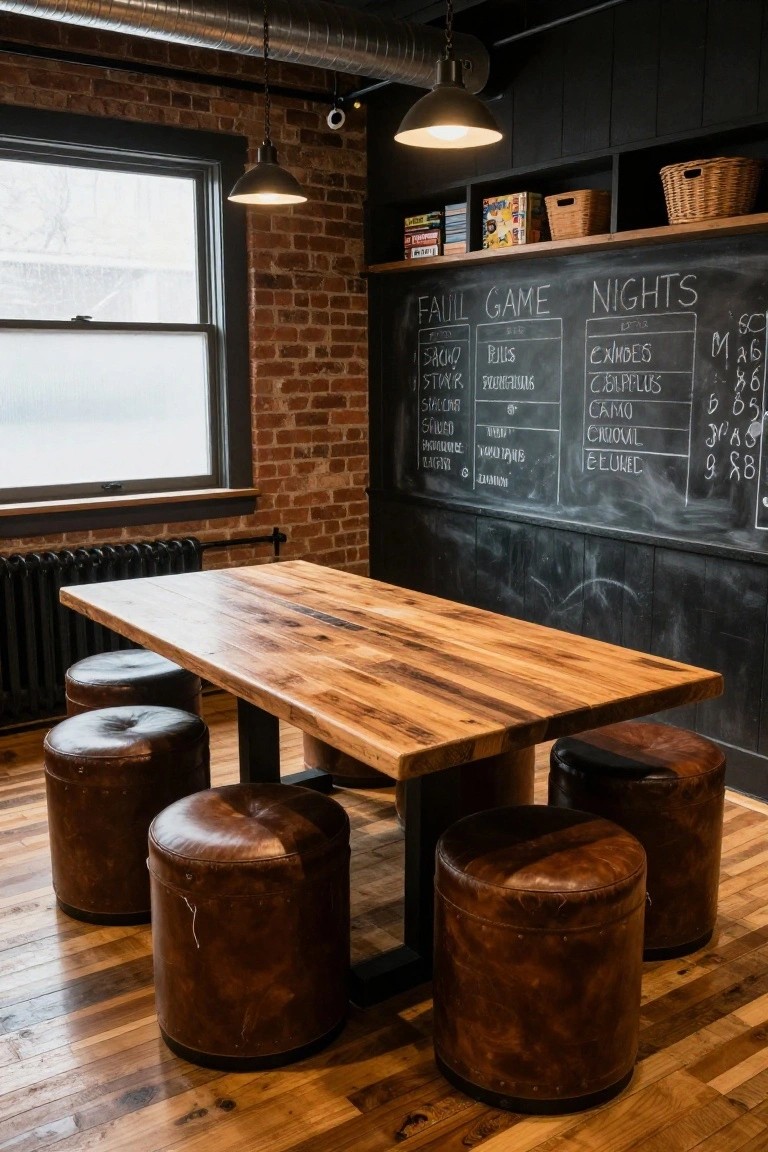 Interior of a basement room with a long rectangular reclaimed wood table on metal legs, surrounded by brown leather pouf stools, exposed brick walls, a chalkboard scoreboard labeled "Full Game Nights," shelves with board games, and pendant lights overhead.