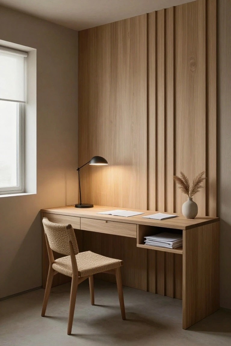 Corner wooden desk with drawers and open shelves holding stacked papers, against a wall of vertical oak slats, with a black adjustable desk lamp, vase of pampas grass, rattan chair, and window with roller shade in a beige room.