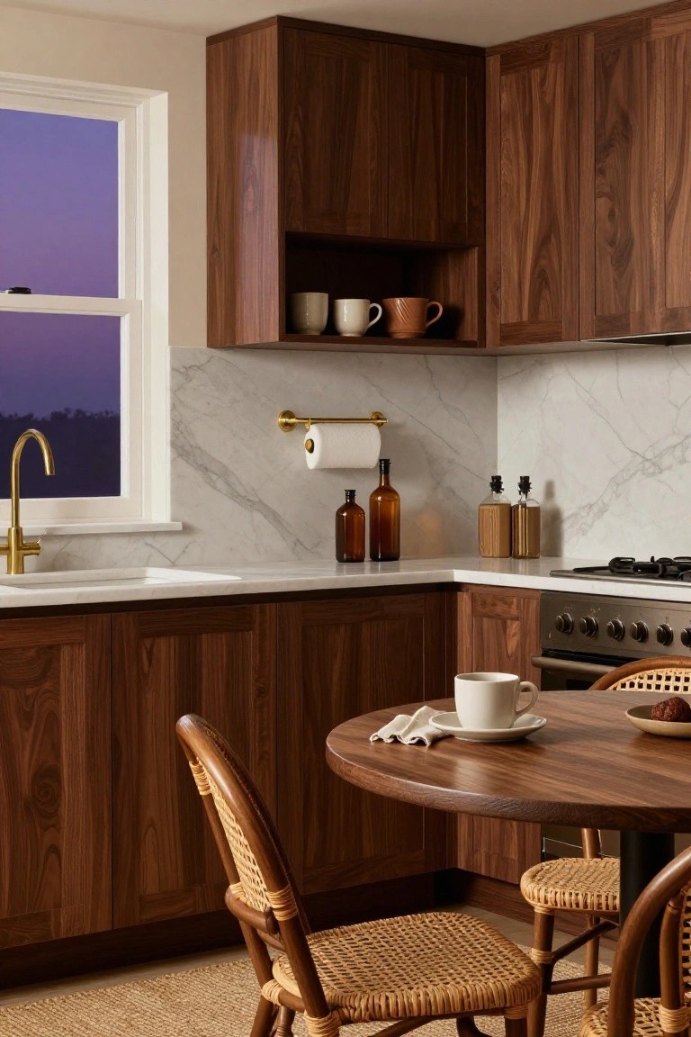 Kitchen with walnut wood cabinets and island, white marble counters and backsplash, gold faucet and towel holder, round wood table with rattan chairs, and window showing dusk sky.