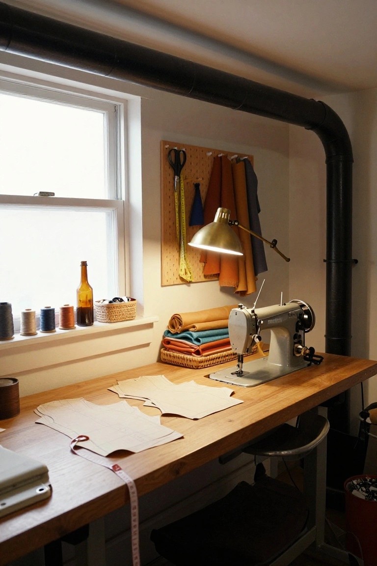 Wooden workbench in a workshop holding a gray vintage sewing machine, leather clothing patterns, a measuring tape, spools of thread on a windowsill, hanging fabric swatches, and exposed black pipes above.