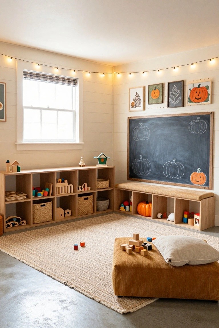 Wooden cubby shelves stocked with toys, baskets, and wooden blocks line the walls of a light-filled playroom with a large chalkboard featuring chalk-drawn pumpkins, string lights, and a cushioned bench.
