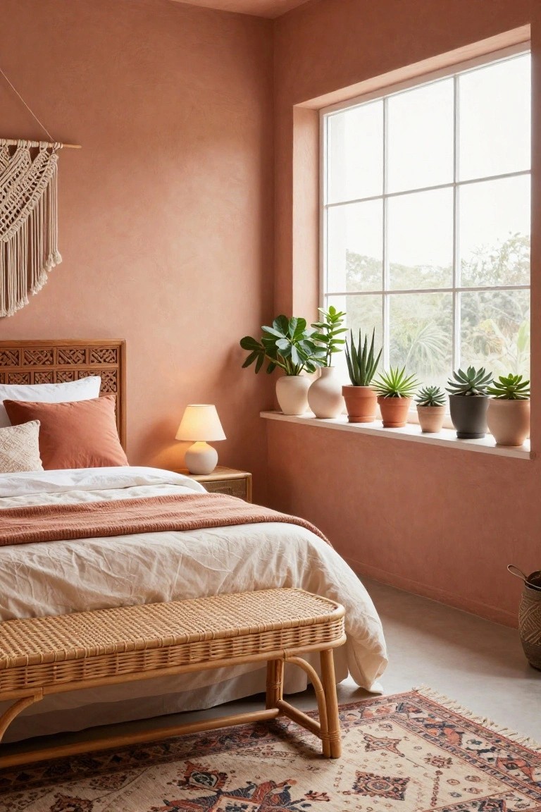 Bedroom interior featuring soft terracotta walls, a wooden carved headboard bed with white and peach linens, plants in pots on a wide windowsill, a bedside lamp on a wooden table, a rattan bench at the foot of the bed, and a patterned rug on the floor.
