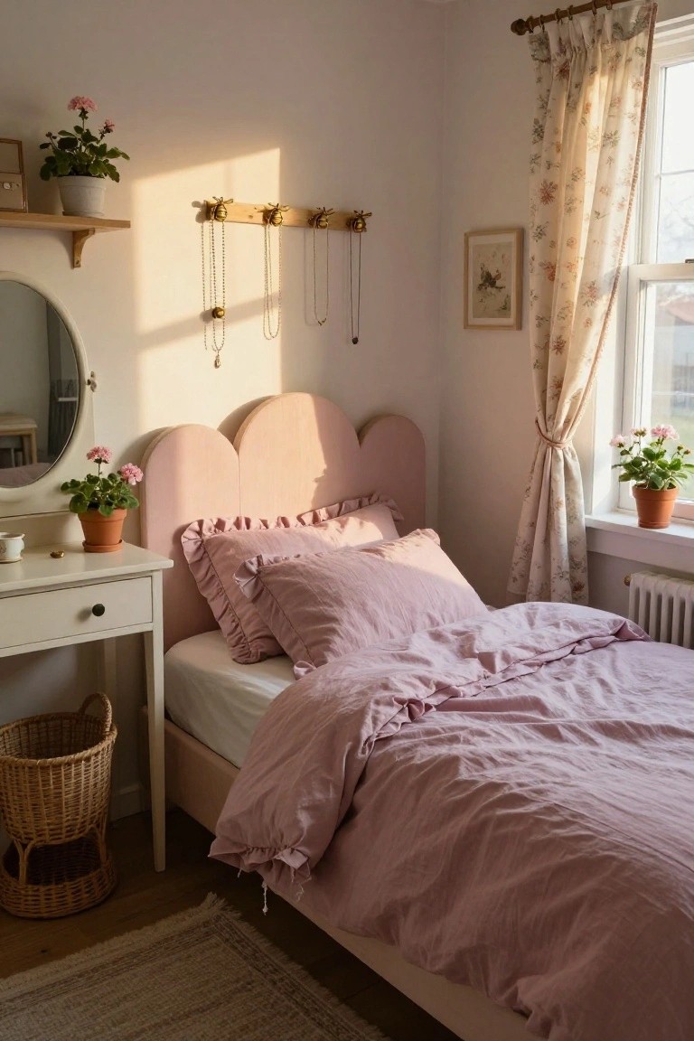 Bedroom with blush pink curved upholstered headboard, ruffled pink pillow shams and duvet on a bed, white desk with plants, round mirror, woven basket, and sheer floral curtains by a window.