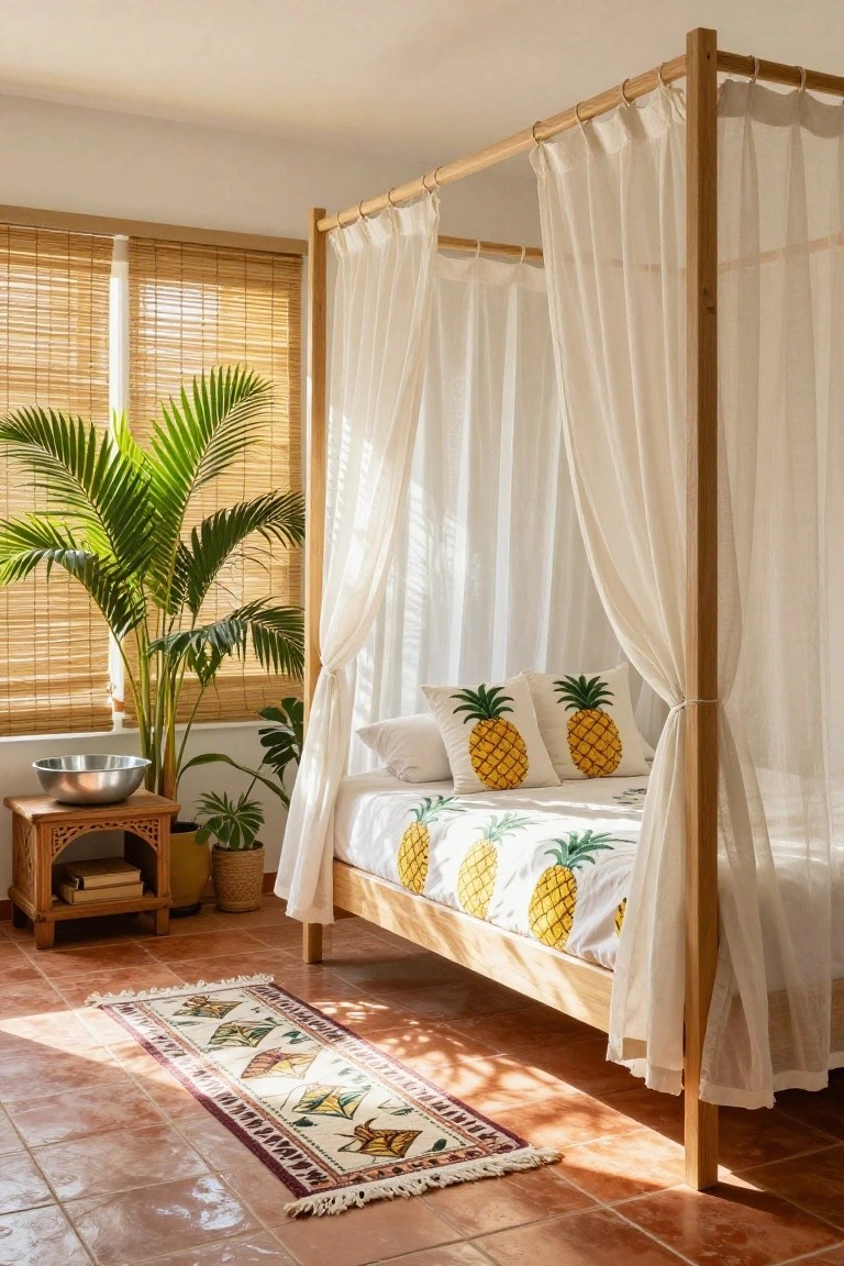 Wooden four-poster canopy bed draped in white sheer curtains with pineapple-patterned bedding and pillows, beside a large potted palm plant, bamboo blinds on windows, and a patterned rug on terracotta tile floor in a bright bedroom.