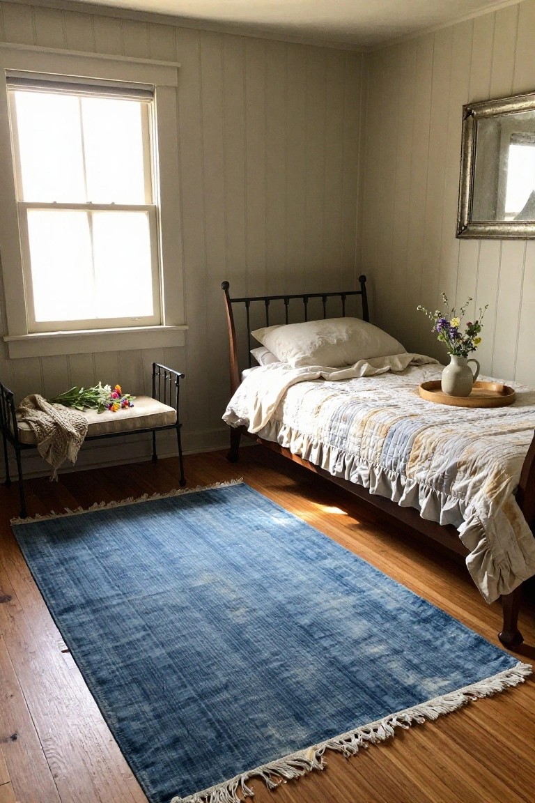 Cozy bedroom with white shiplap walls, black iron bed draped in white ruffled bedding, large blue fringed rug on wood floors, metal bench holding flowers, vase on wooden tray atop bed, and natural light through windows.