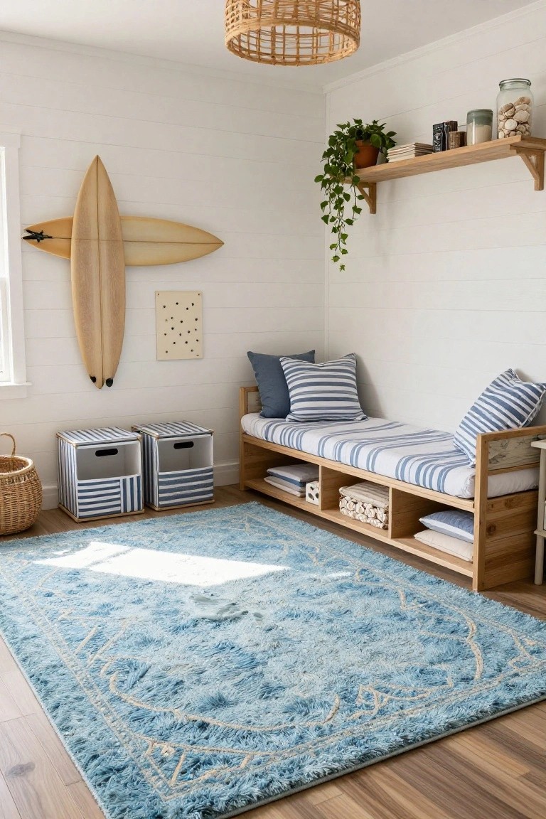 A coastal-style bedroom with white shiplap walls, a wooden daybed with blue striped bedding and pillows, two surfboards mounted on the wall, floating wooden shelves with plants and shells, storage cubes, and a large blue shag area rug on light wood floors.