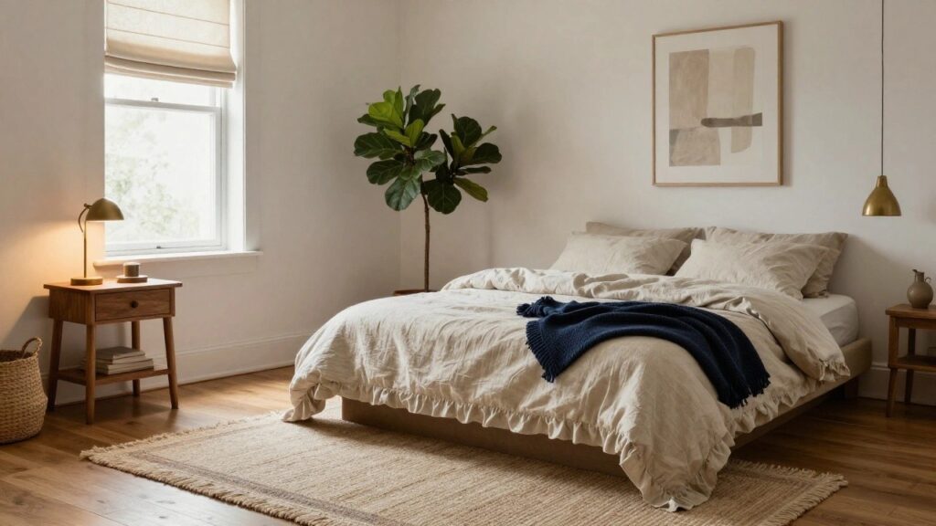 20 Cozy Bedroom Rug Ideas to Add Warmth Underfoot Bedroom with light wood floors covered partly by a large beige seagrass rug with fringed edges, a bed draped in white linens and navy throw, wooden desk with baskets and lamp, fiddle leaf fig plant, and two arched lamps.