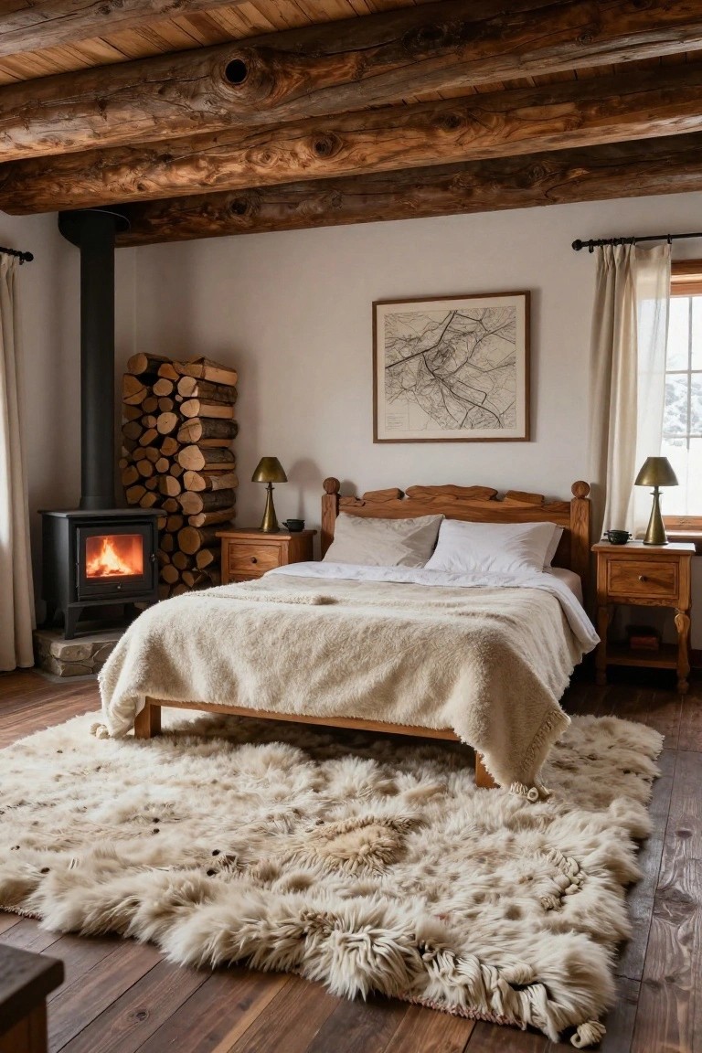 Rustic bedroom with exposed wooden ceiling beams, black wood stove and firewood stack, carved wooden bed with white bedding, wooden nightstands with lamps, framed map on wall, sheer curtains on window, and large shaggy off-white rug on wood floor.