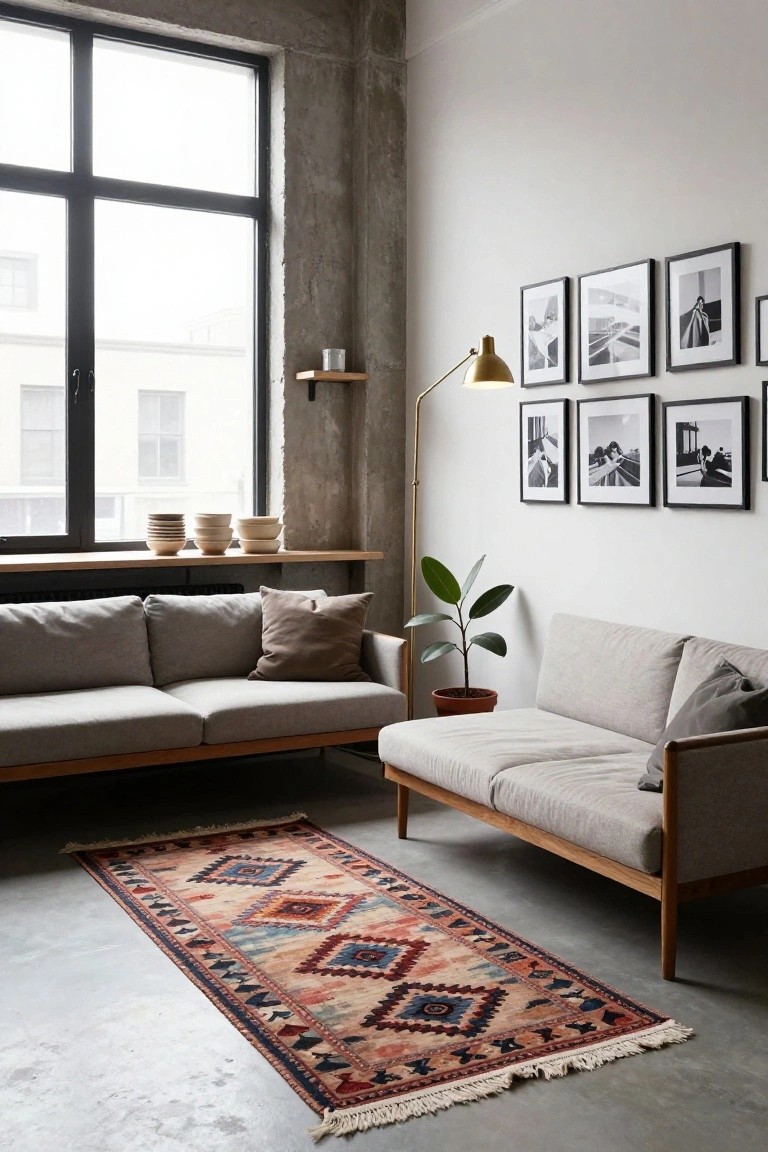 Modern living room corner with two light gray fabric sofas on wooden frames, colorful geometric kilim rug on concrete floor, potted fiddle leaf fig plant, arched gold floor lamp, stacked ceramic bowls on wooden shelf, and black-and-white photos in black frames on white wall beside black-framed window.