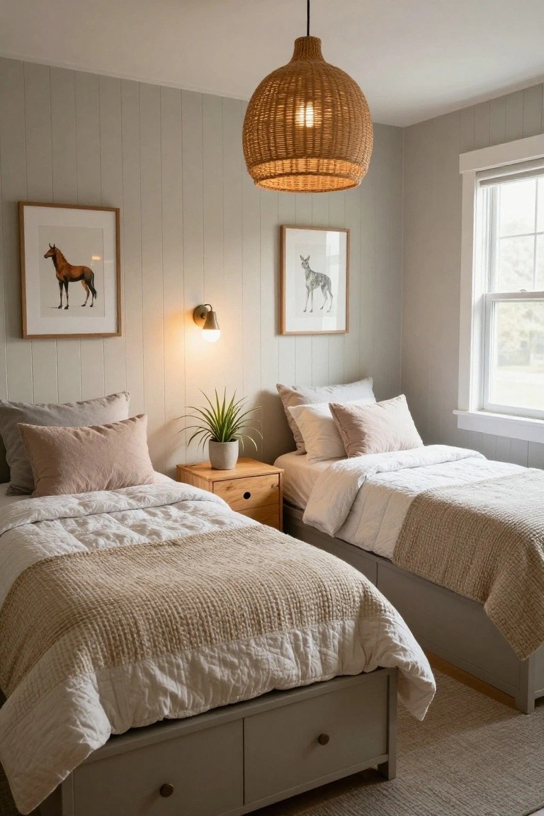 A cozy twin bedroom with light gray shiplap walls, two wooden beds with white quilted duvets and beige throws, wooden nightstands, potted plant, framed horse and deer artwork, rattan pendant light, wall sconce, and light textured rug on the floor.