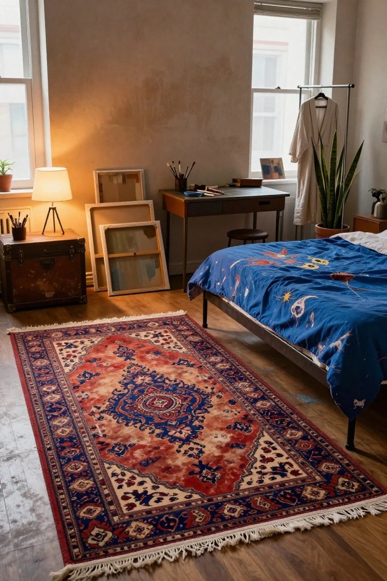 A cozy bedroom with a large red, blue, and cream Oriental rug on hardwood floors under a metal bed with blue galaxy-patterned bedding, wooden desk, potted plants, art supplies, and leaning canvases.