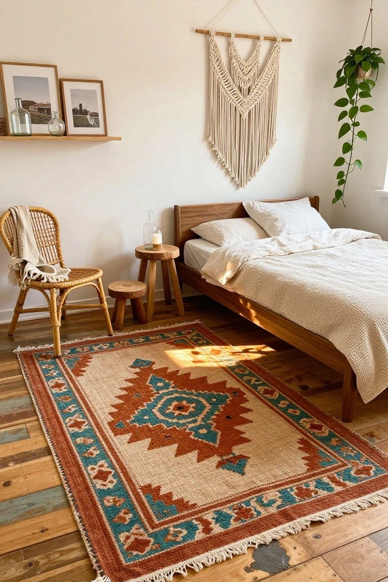 Bedroom with wooden platform bed and white bedding, rattan chair with cream throw, wooden stool with candle, macrame wall hanging, glass vases on shelf, hanging plant, and large rug in cream with rust, teal, and geometric patterns on wood plank floors.